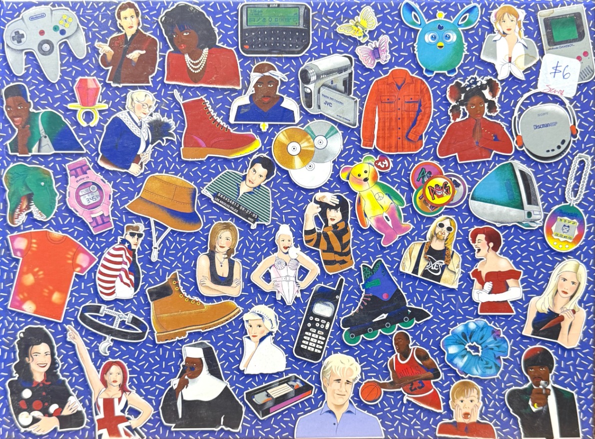 A collage of 1990s pop culture icons and objects on a blue background with a white dash pattern.