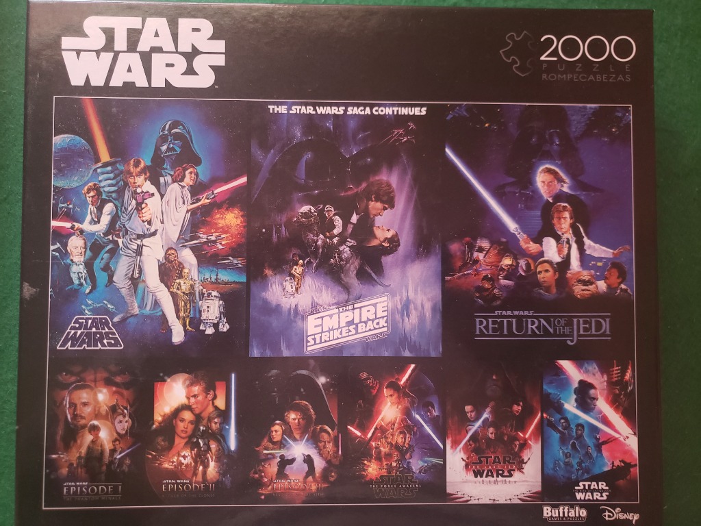 A montage of nine classic Star Wars movie posters arranged in a grid on a black background.