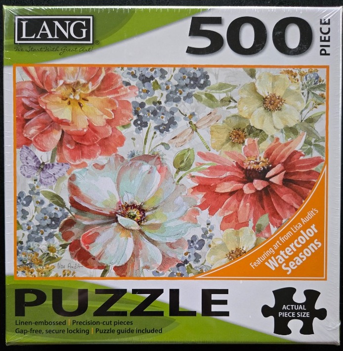 A watercolor painting of large red, pink, and pale yellow flowers, small blue filler flowers, and butterflies.
