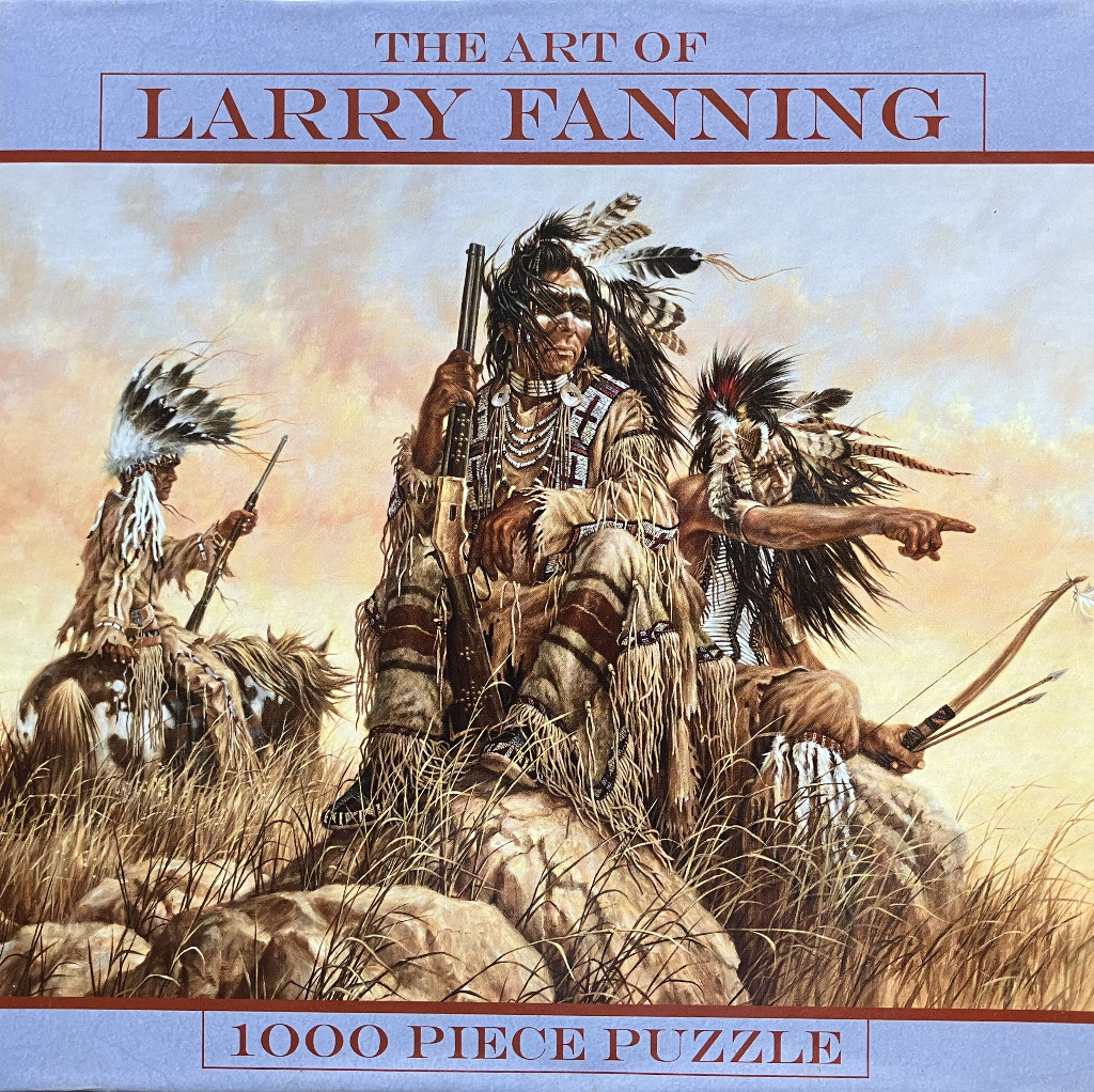 Painting of three Native American warriors in traditional attire, one on horseback and two seated on rocks.