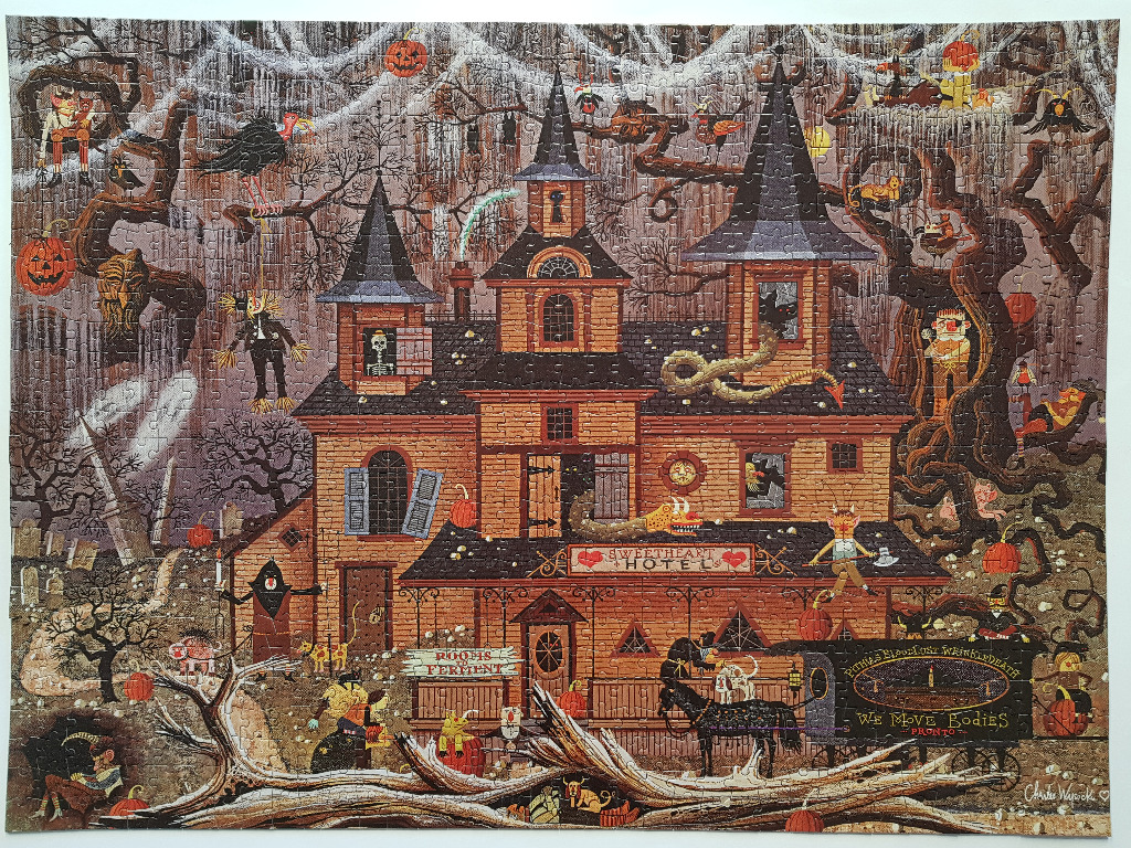 A whimsical, dark illustration of a spooky haunted house called the Sweetheart Hotel.