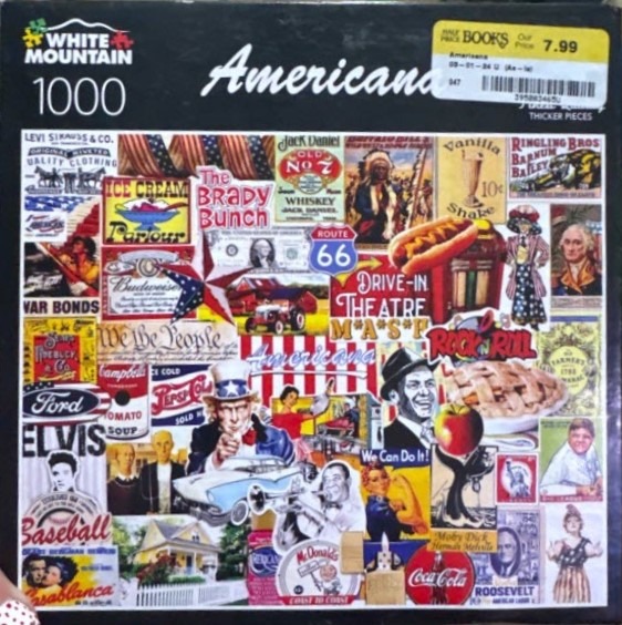 A collage of vintage Americana advertisements, iconic figures, and cultural symbols.