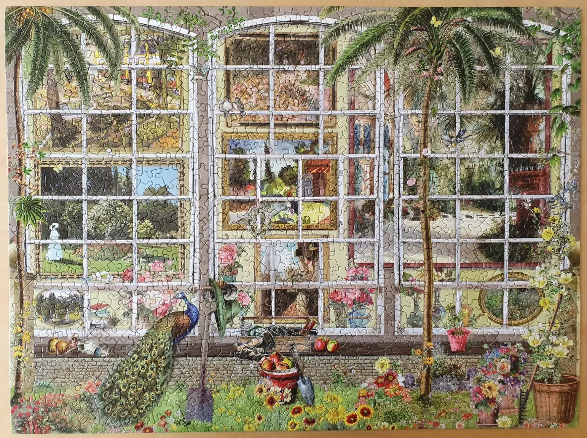 A lush greenhouse scene with large glass windows framing landscape paintings, a peacock, and flowering garden beds.