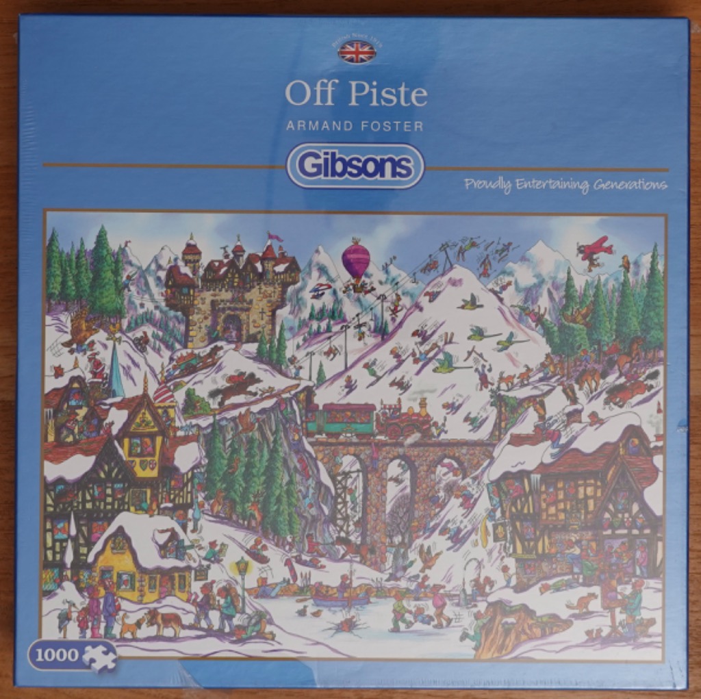 Illustration of a chaotic, snowy winter ski resort filled with people, animals, and old-fashioned buildings.