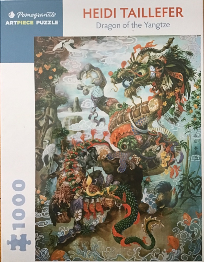 An intricate, surreal oil painting of a Chinese dragon in a lush, watery landscape.