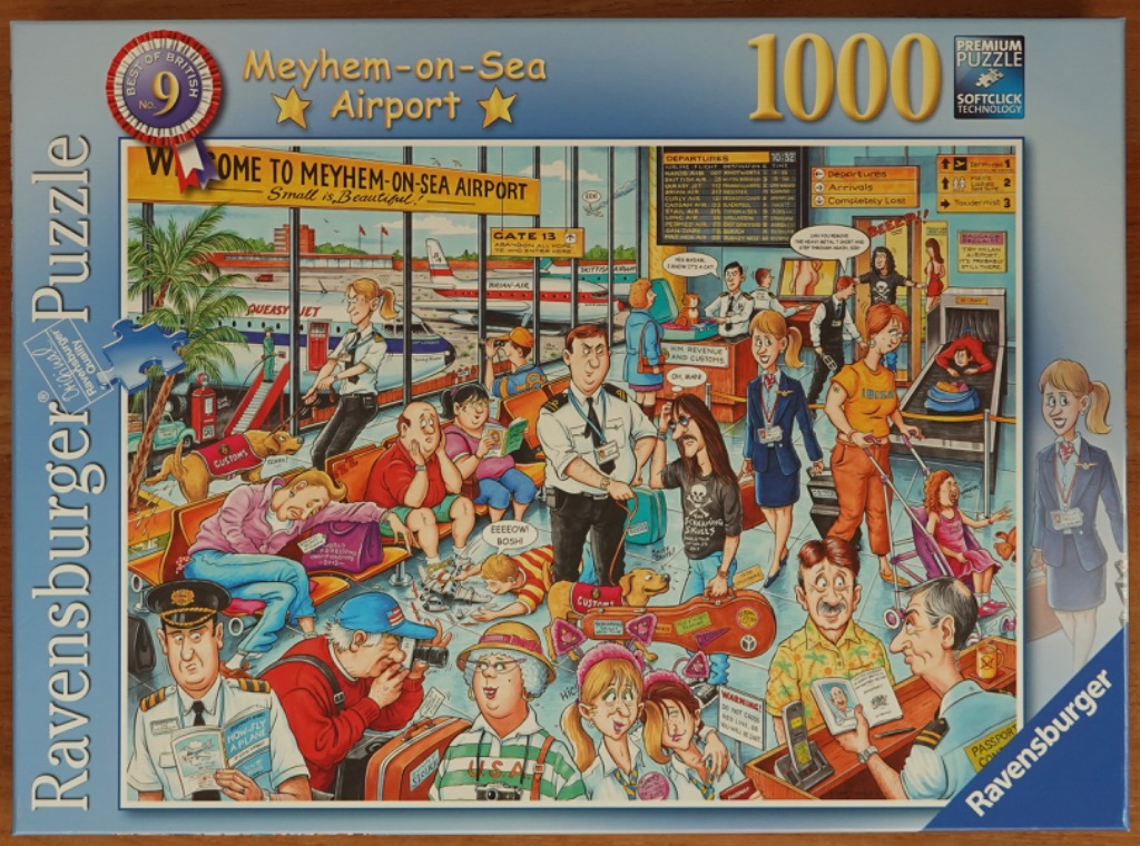 Cartoon illustration of a chaotic, busy airport scene titled Meyhem-on-Sea Airport.