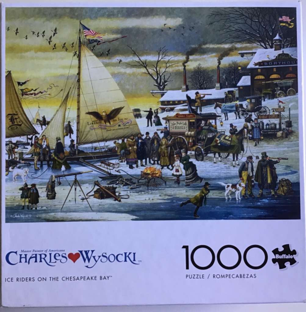 A nostalgic painting of people gathered on a frozen bay with iceboats, carriages, and a boathouse at dusk.