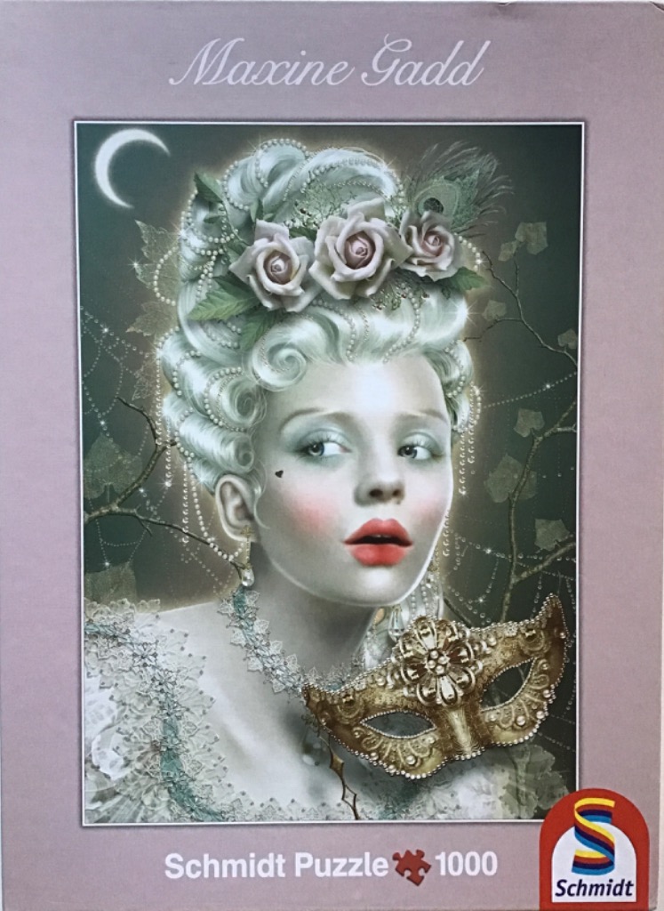 A digital illustration of a woman in an 18th-century style with high powdered hair, roses, and a gold masquerade mask.