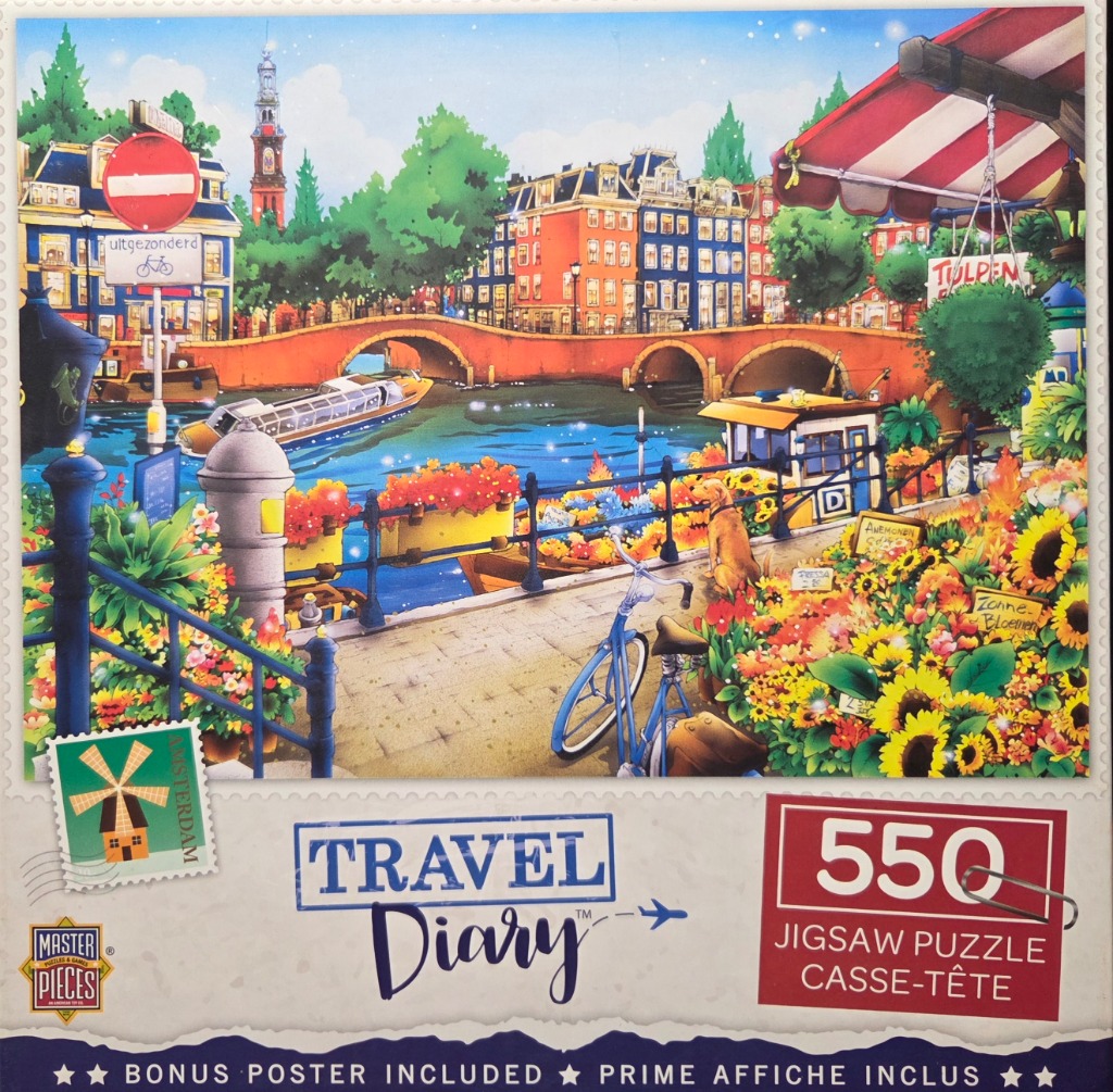 An illustrated Dutch canal scene featuring colorful townhouses, flower stalls, a bicycle, and a dog.