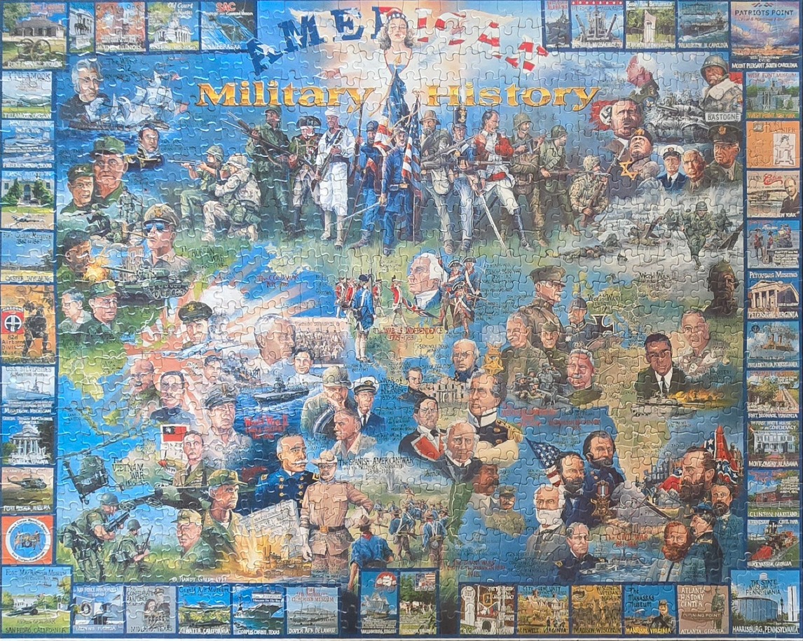 A detailed collage illustration depicting various scenes and figures from American military history.