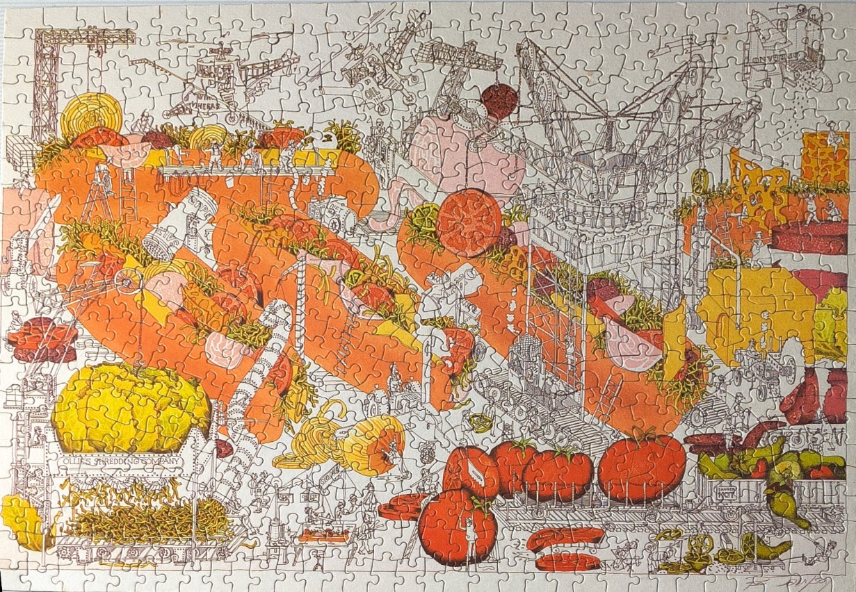 A whimsical, busy line drawing of industrial machinery processing giant hot dogs, tomatoes, and cheese.