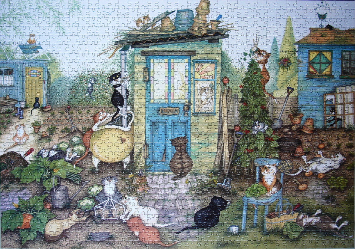 A whimsical illustration of many cats playing in a cluttered, colorful garden shed area.