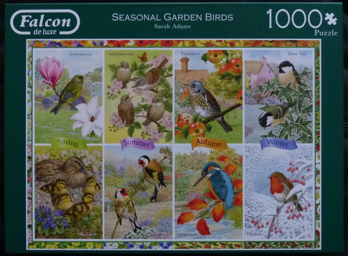 A collage of eight illustrations depicting various garden birds across the four seasons.