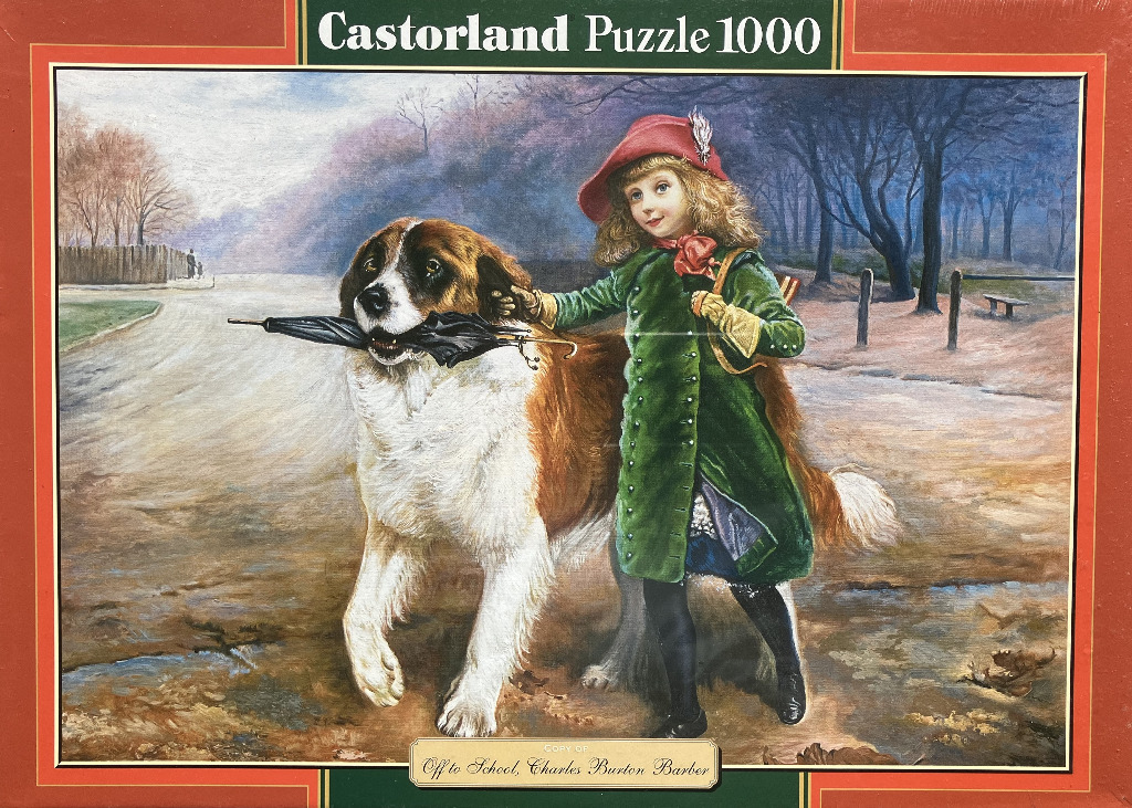 Oil painting of a young girl in a green coat walking with a large Saint Bernard dog carrying an umbrella.