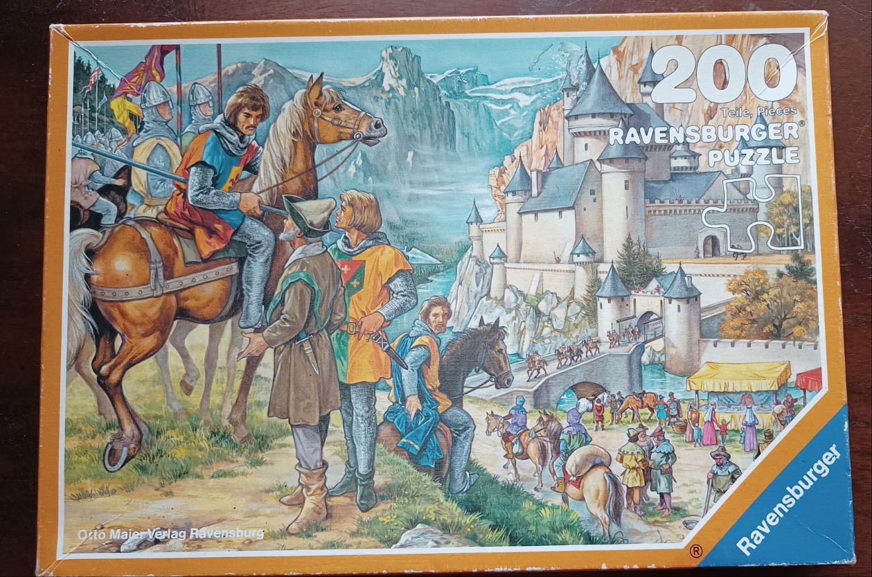 Illustration of medieval knights and townspeople outside a castle