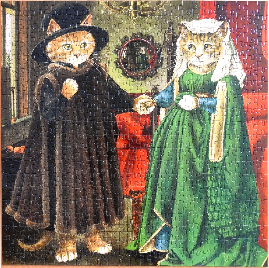 An illustration of two cats dressed in 15th-century Flemish attire holding hands in a room.