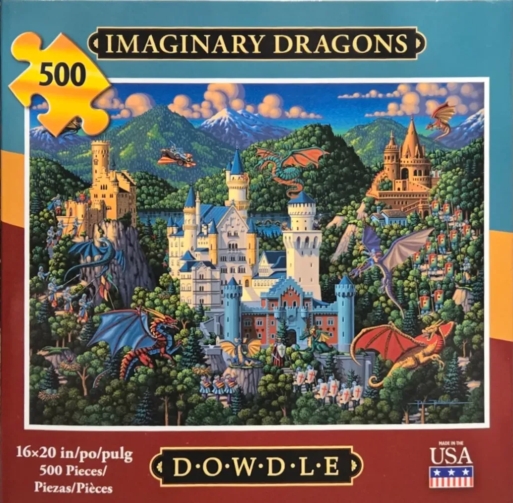 A whimsical folk-art style painting featuring multiple castles, knights in armor, and colorful dragons.
