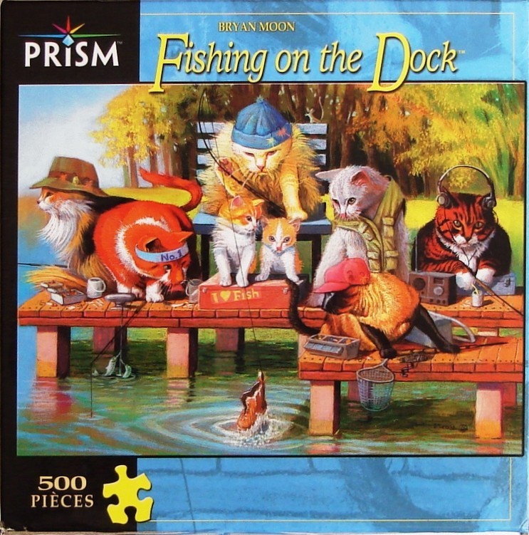 An illustration of six anthropomorphic cats fishing together on a wooden dock surrounded by autumn trees.