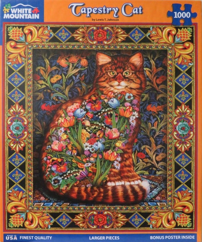 A tabby cat depicted as a floral tapestry, surrounded by a decorative ornamental border.