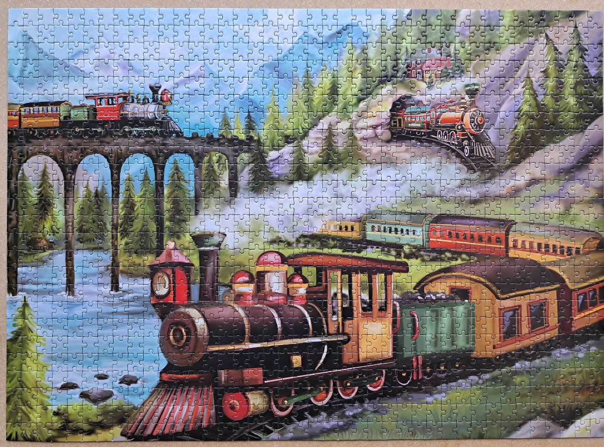 A fantasy illustration of steam trains navigating a mountainous landscape with a river and viaduct.