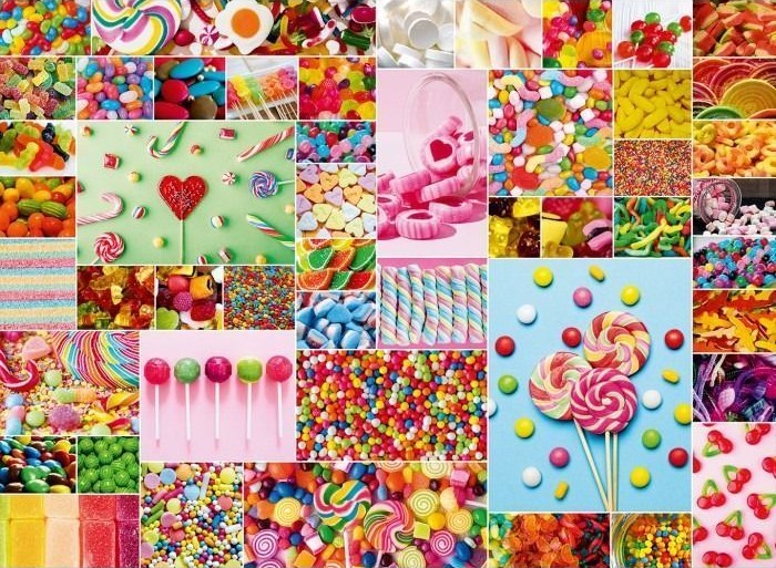 A collage of various colorful candies, including lollipops, jellybeans, gummy bears, and sprinkles.
