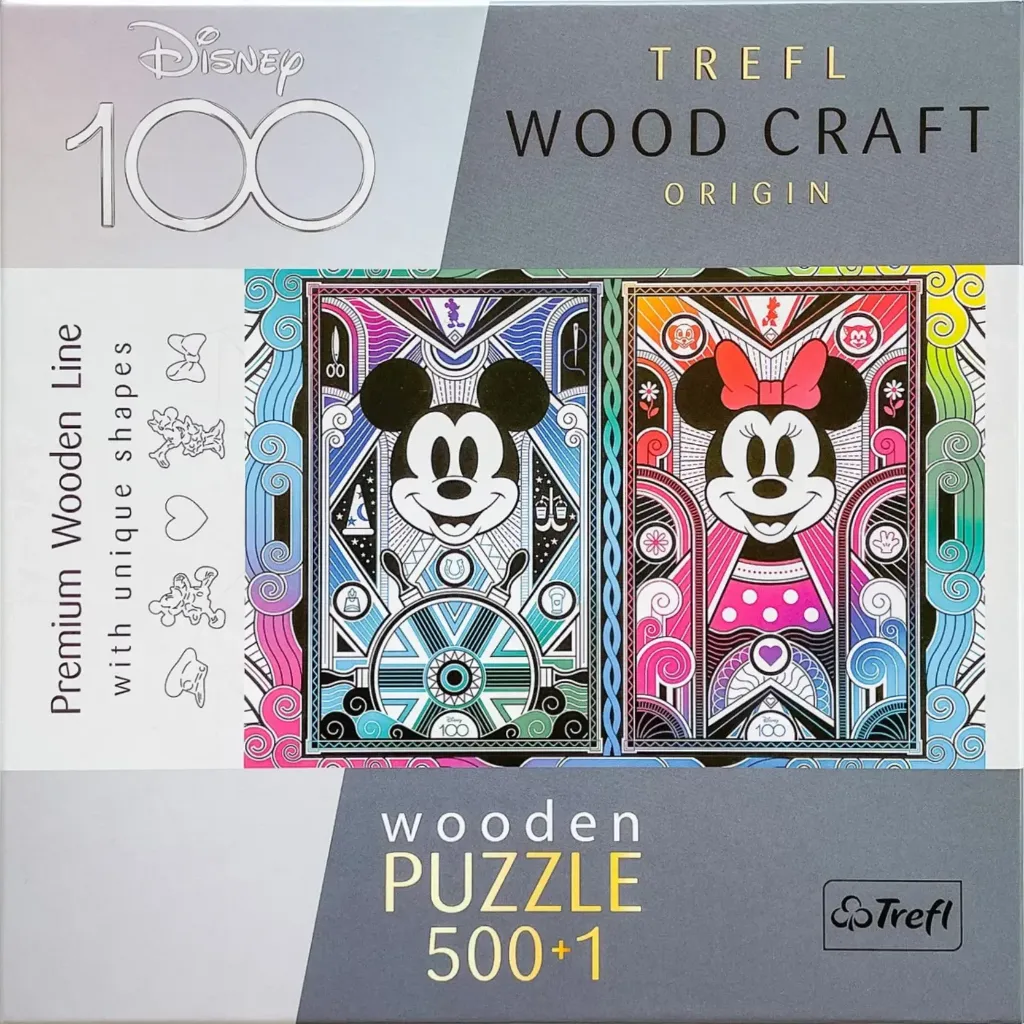 Stylized art deco portraits of Mickey and Minnie Mouse in geometric frames with vibrant rainbow borders.