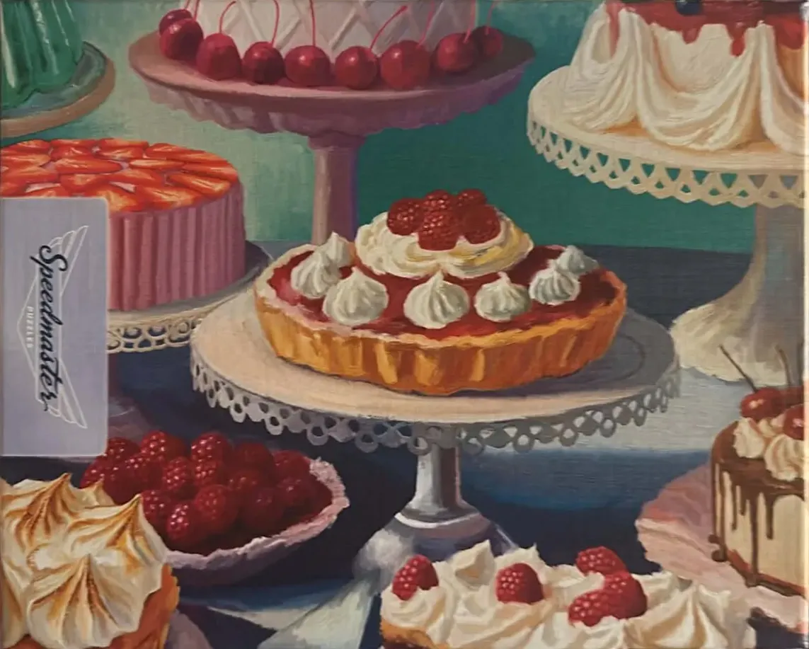 Oil painting of an assortment of cakes, tarts, and fresh berries on pedestals.