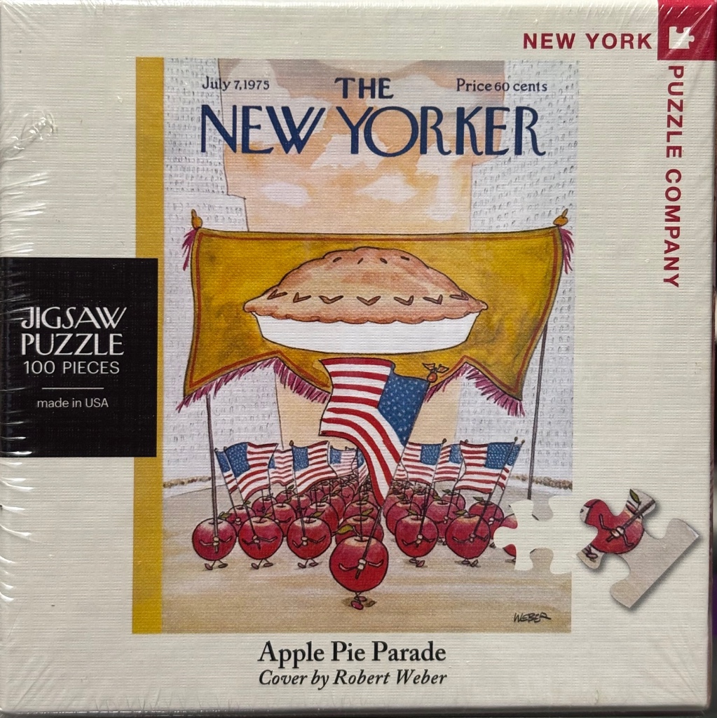 An illustration of a parade of anthropomorphic apples carrying American flags under a giant floating apple pie.