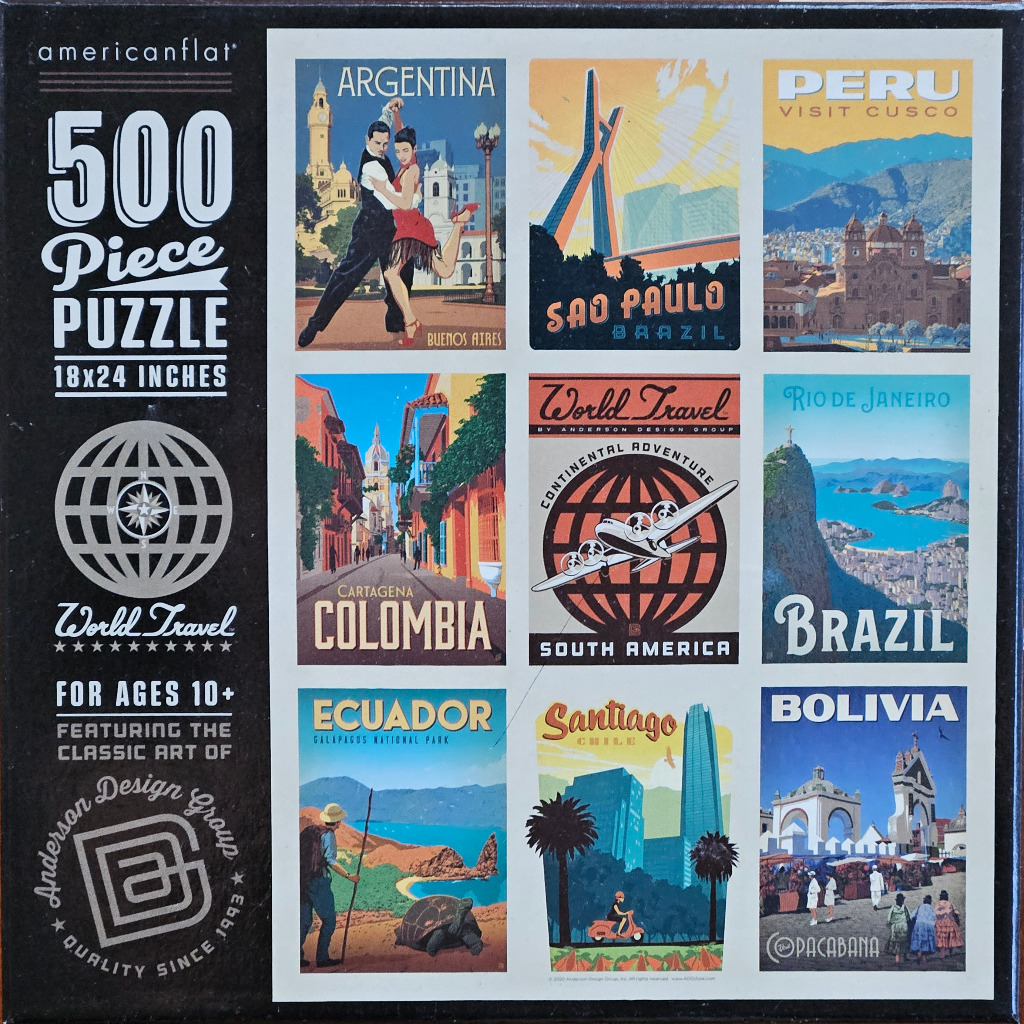 A collage of nine vintage-style travel posters depicting various South American locations.