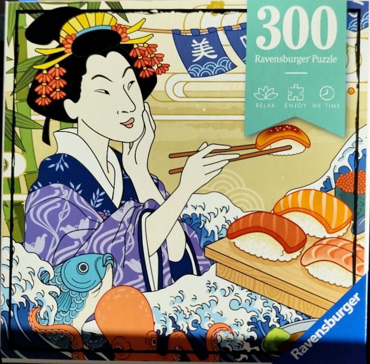 An illustration of a woman in traditional Japanese attire eating sushi, surrounded by ocean-themed imagery.