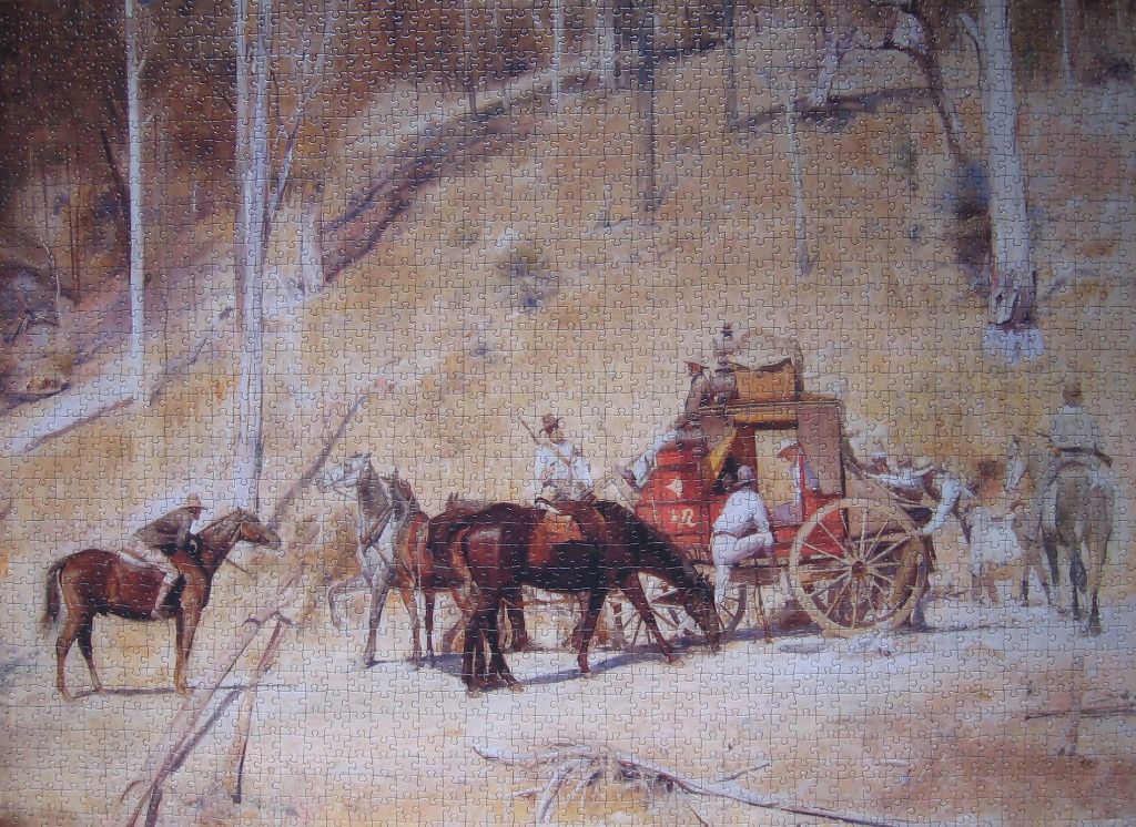 A vintage painting of a stagecoach being held up by armed men on horseback in a sparse forest.