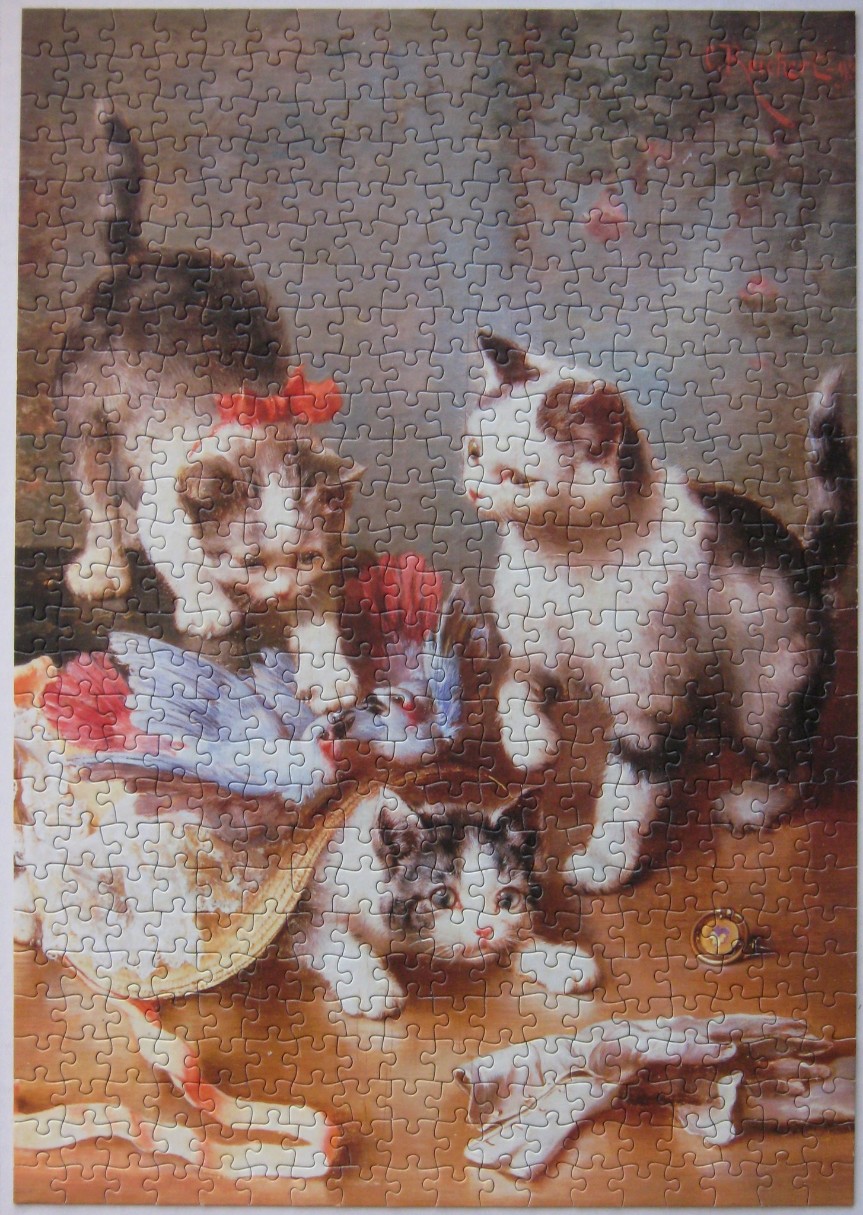 Oil painting of three kittens playing with a lady