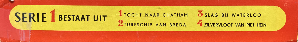 Series 1: Historical Dutch events in black text on a yellow label, against a red background.