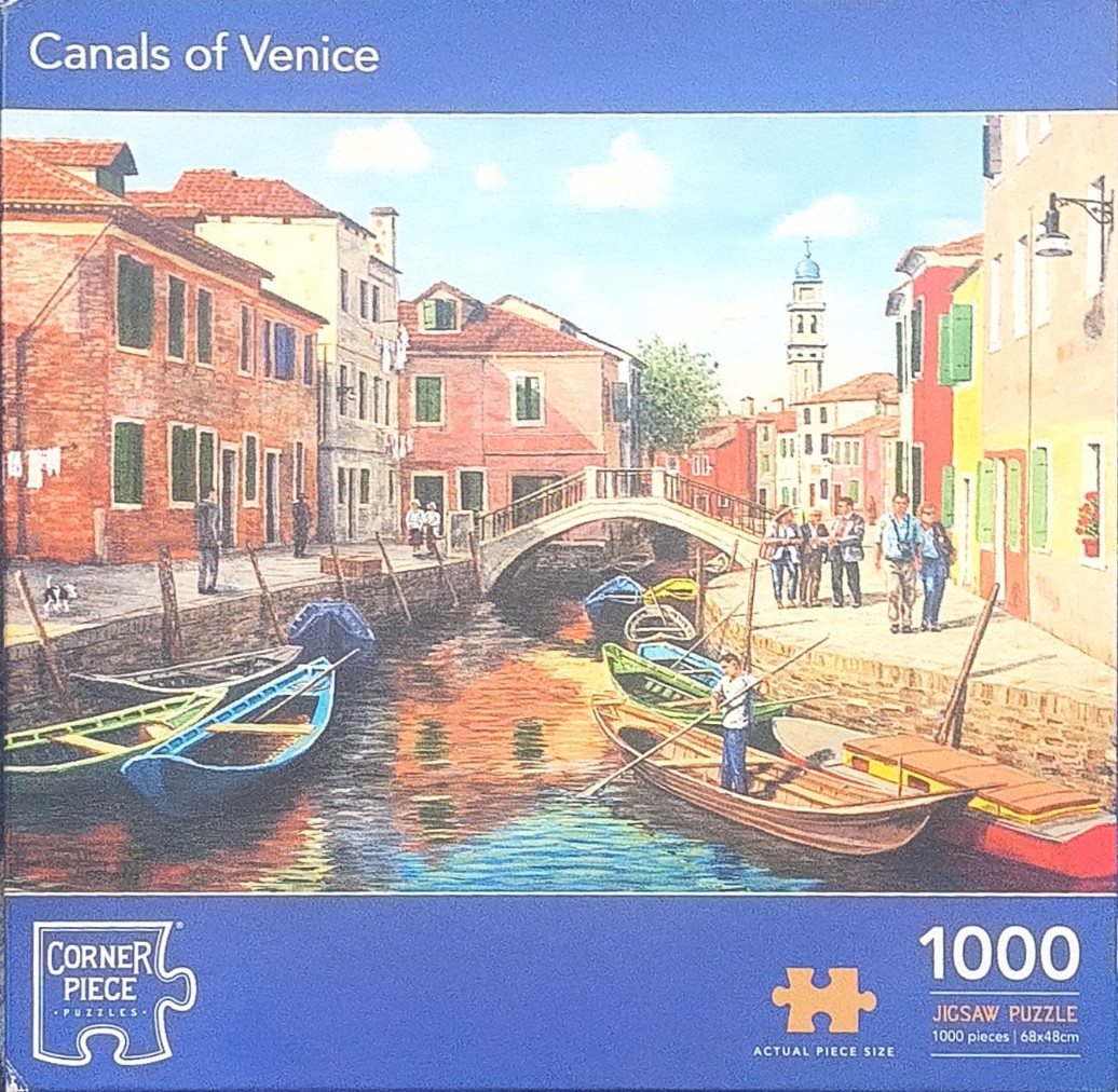 A sunlit oil painting scene of a Venetian canal lined with colourful historic buildings and small wooden boats.