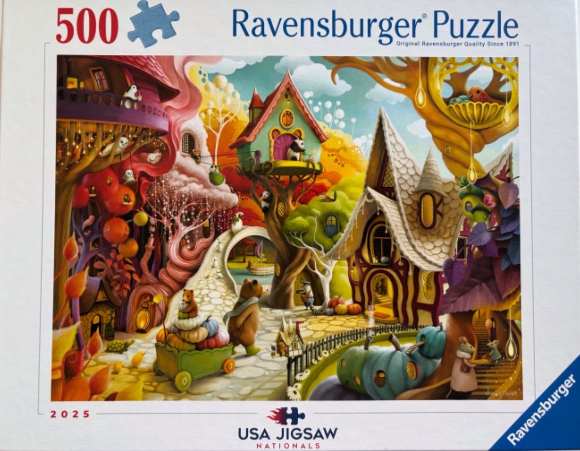 Whimsical autumn woodland scene with anthropomorphic animals living in treehouses and pumpkin homes.