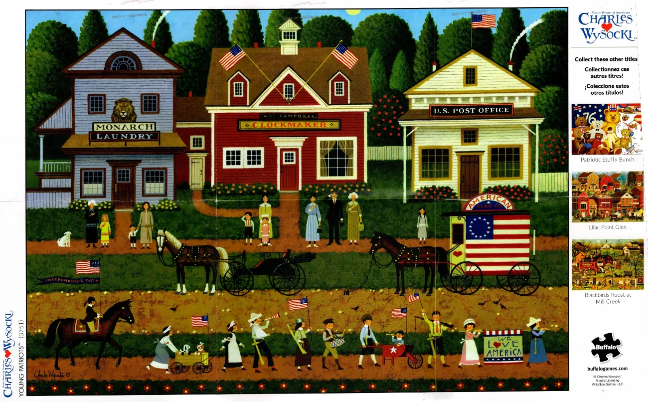 A folk-art style village street scene featuring patriotic symbols, a horse-drawn parade, and small-town shops.
