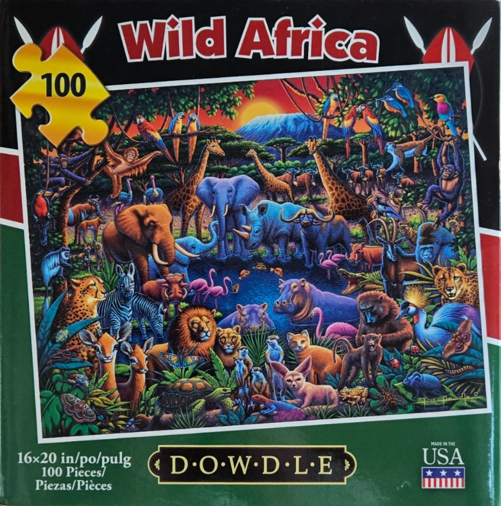 A lush, colorful African savanna scene featuring dozens of animals surrounding a central watering hole at sunset.