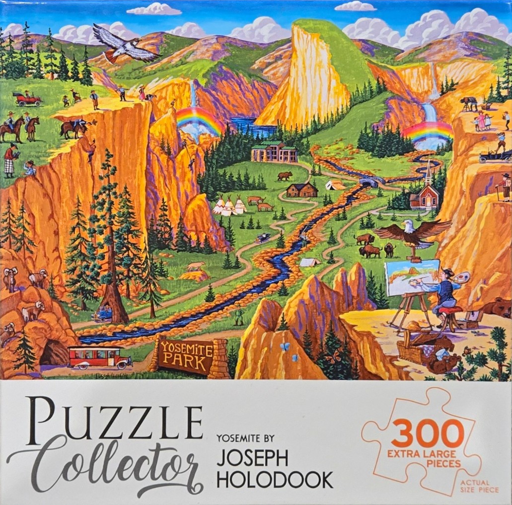 A whimsical painted illustration of Yosemite National Park featuring mountains, waterfalls, wildlife, and visitors.
