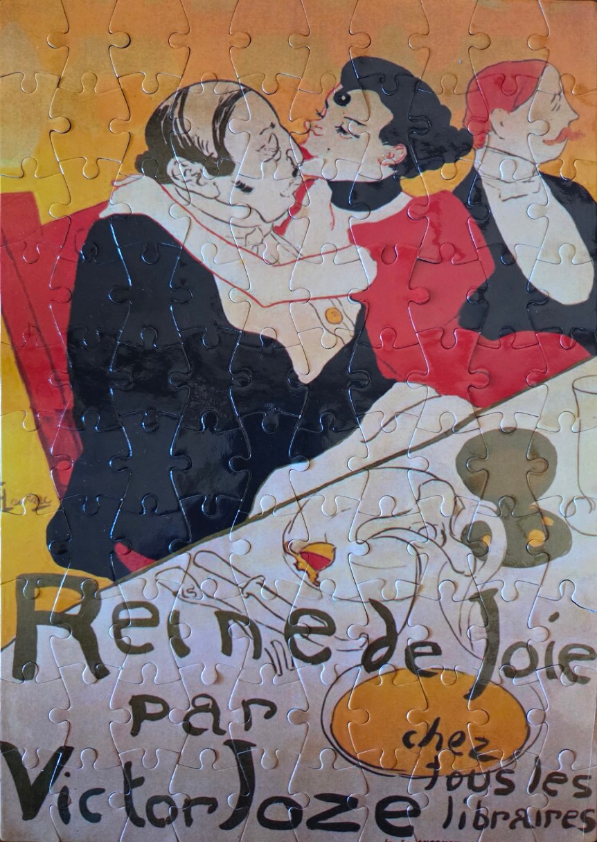 Vintage art nouveau illustration of a couple dining, titled Reine de Joie.