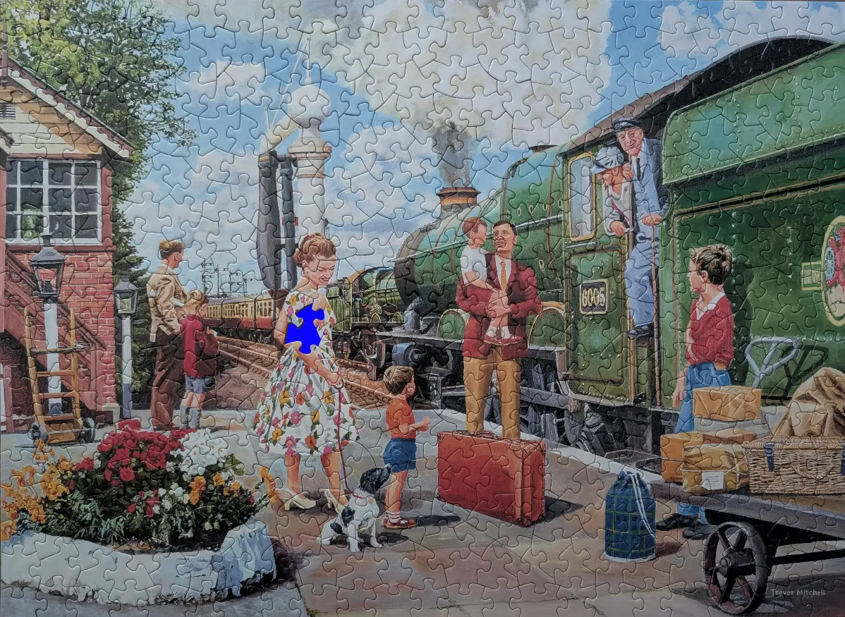 An illustration of a family waiting for a green steam train at a railway station.