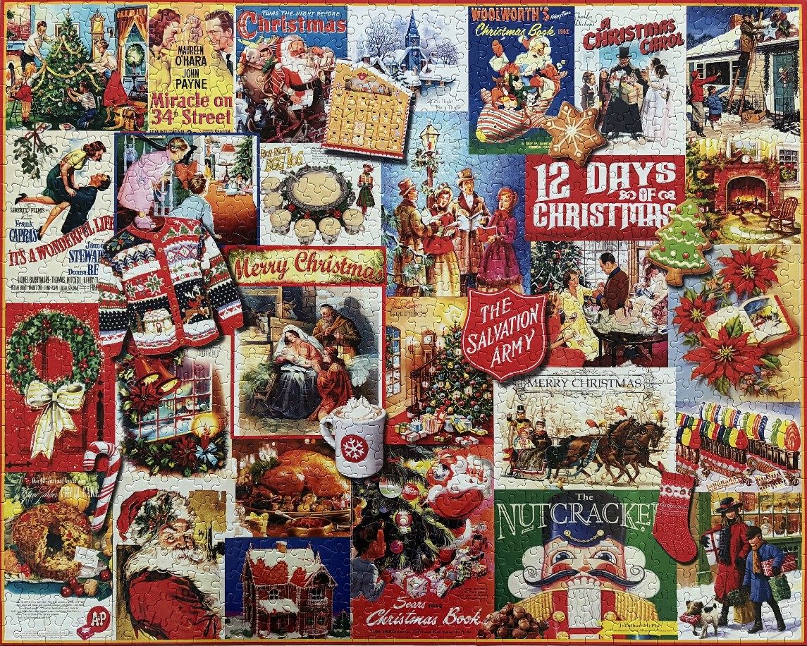 A collage of vintage-style Christmas-themed illustrations and movie posters.