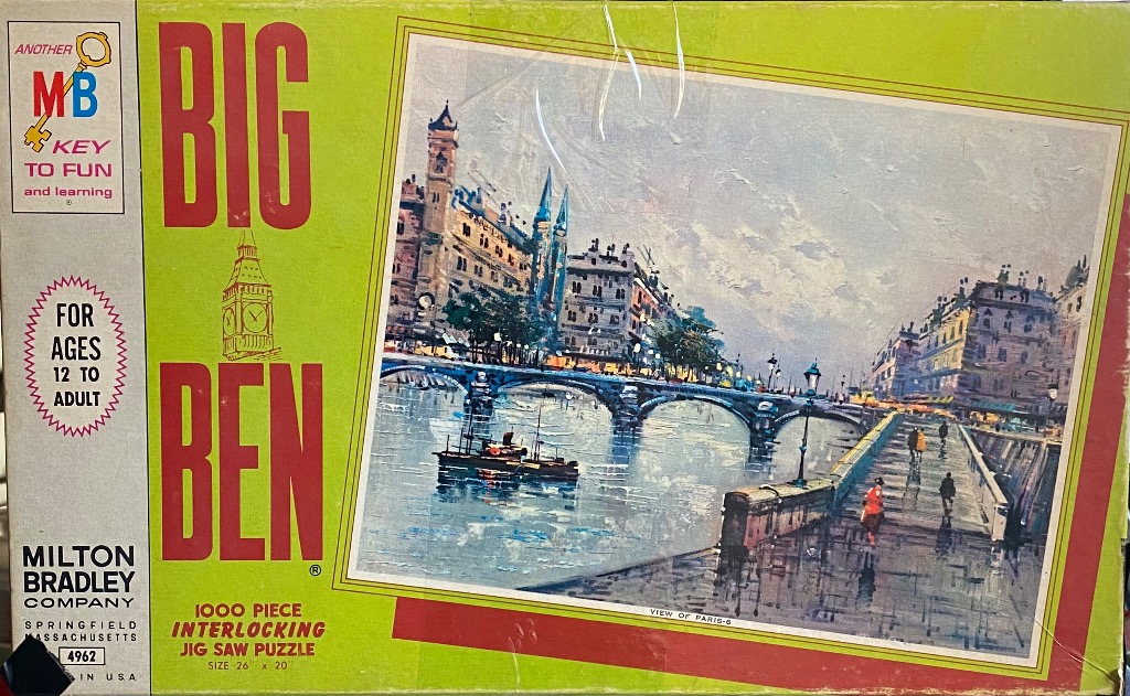 Impressionistic painting of a Parisian cityscape along the Seine with a stone bridge and figures on a riverside walk.