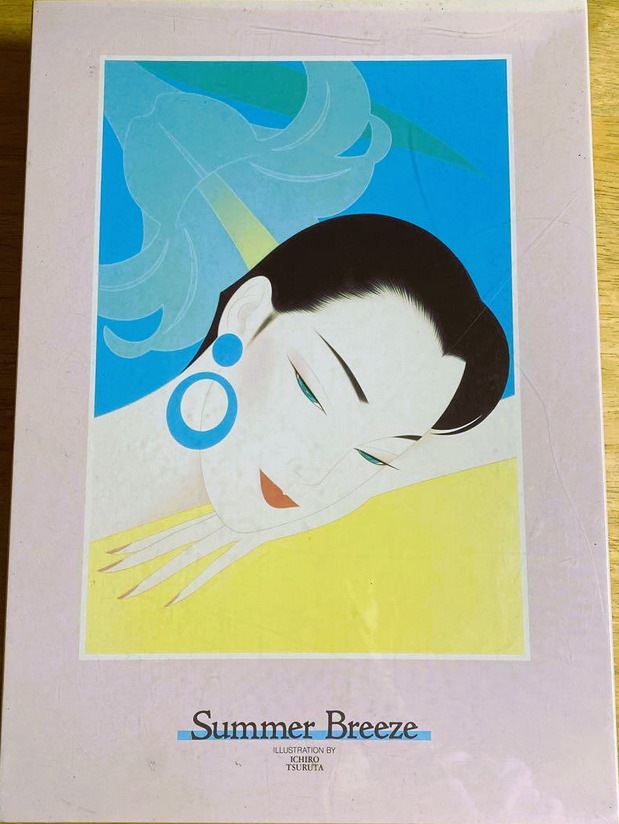 Stylized illustration of a woman with black hair resting her head against a large light blue flower.