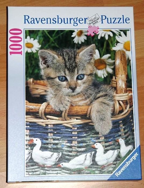 A tabby kitten with blue eyes peeking out of a woven basket surrounded by daisies and ducks.