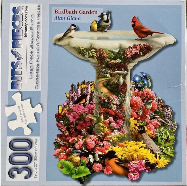 A stone birdbath sits in a garden filled with colorful flowers, butterflies, and various songbirds.