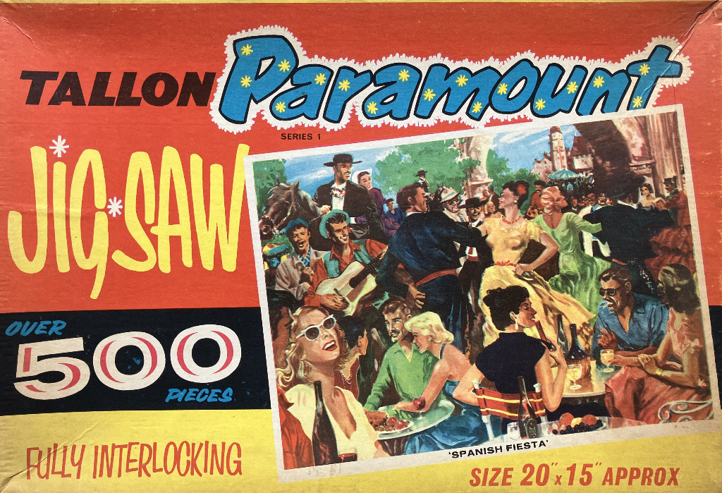 Vintage illustration of a lively outdoor Spanish fiesta with people dancing and dining.