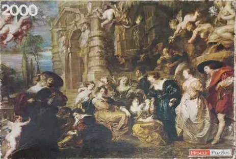 A classical oil painting depicting an elaborate Baroque garden scene with many figures and putti.
