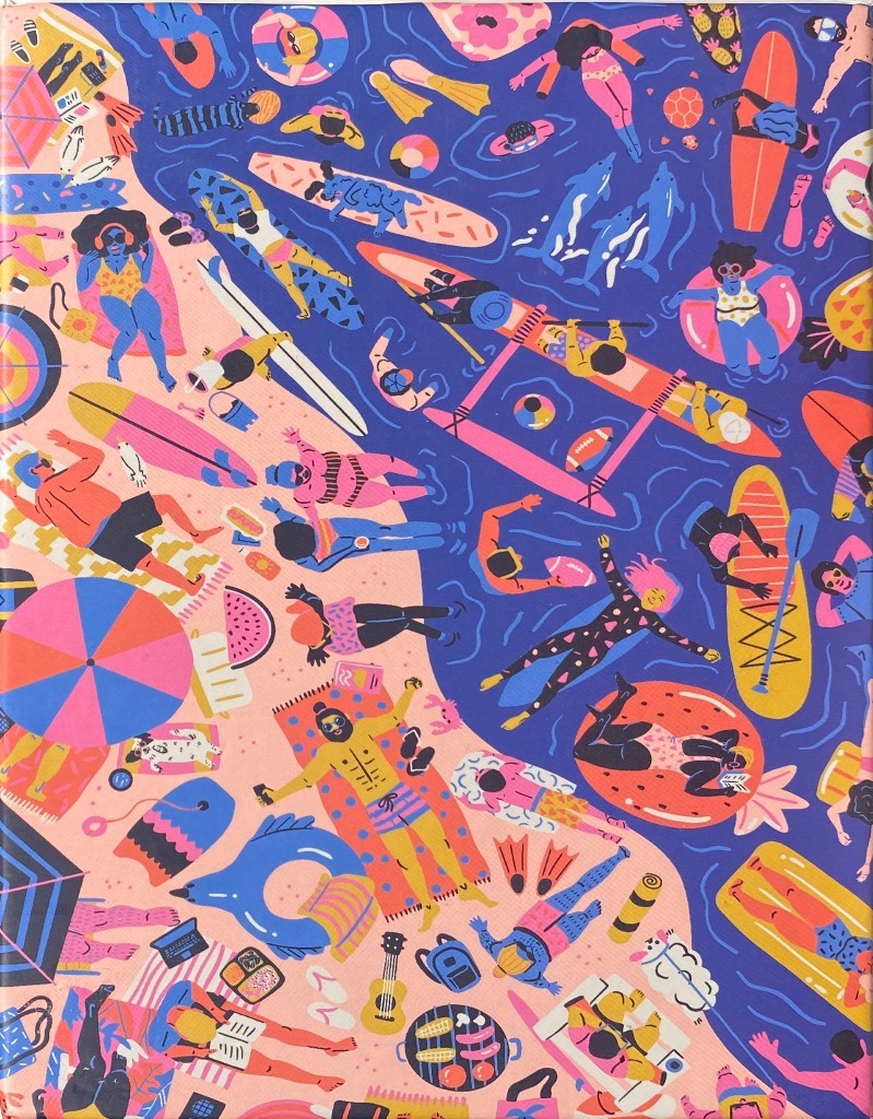 A top-down stylized illustration of a crowded beach and ocean with people swimming, surfing, and relaxing.