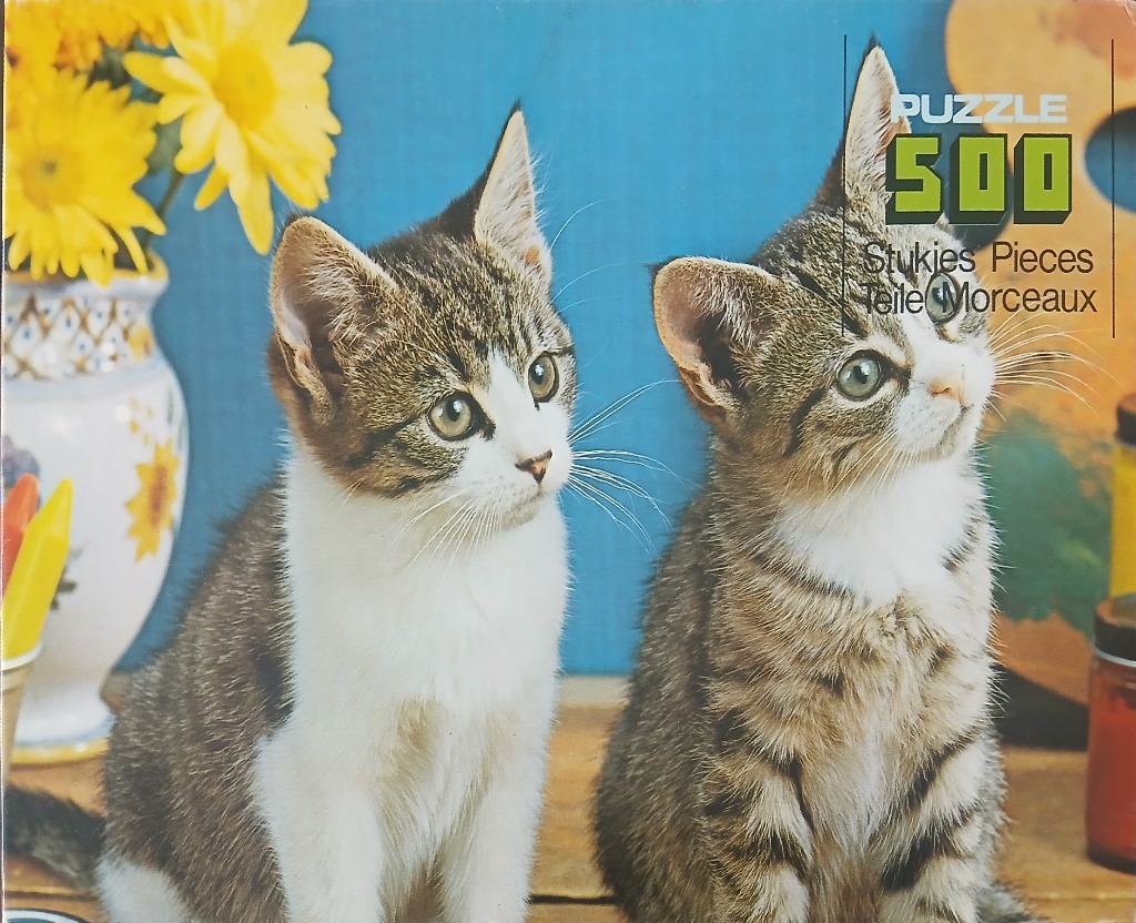 Two tabby and white kittens sitting on a wooden surface against a blue background with flowers and art supplies.