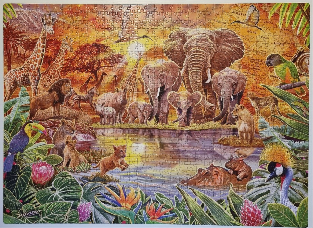 An illustration of various African wildlife gathered around a watering hole during a sunset.